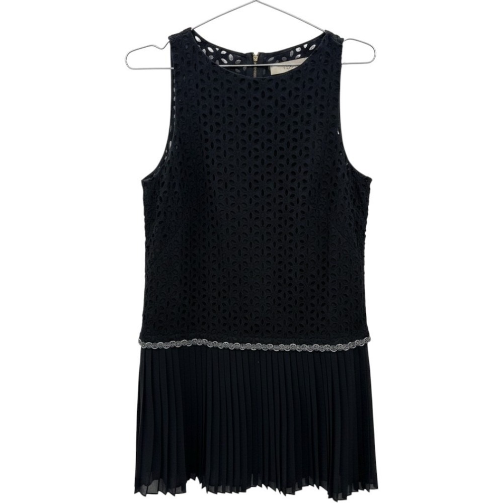 LOFT Black Eyelet Lace Bodice Pleated Waist Dress Whimsigoth Size 6 Flapper Chic